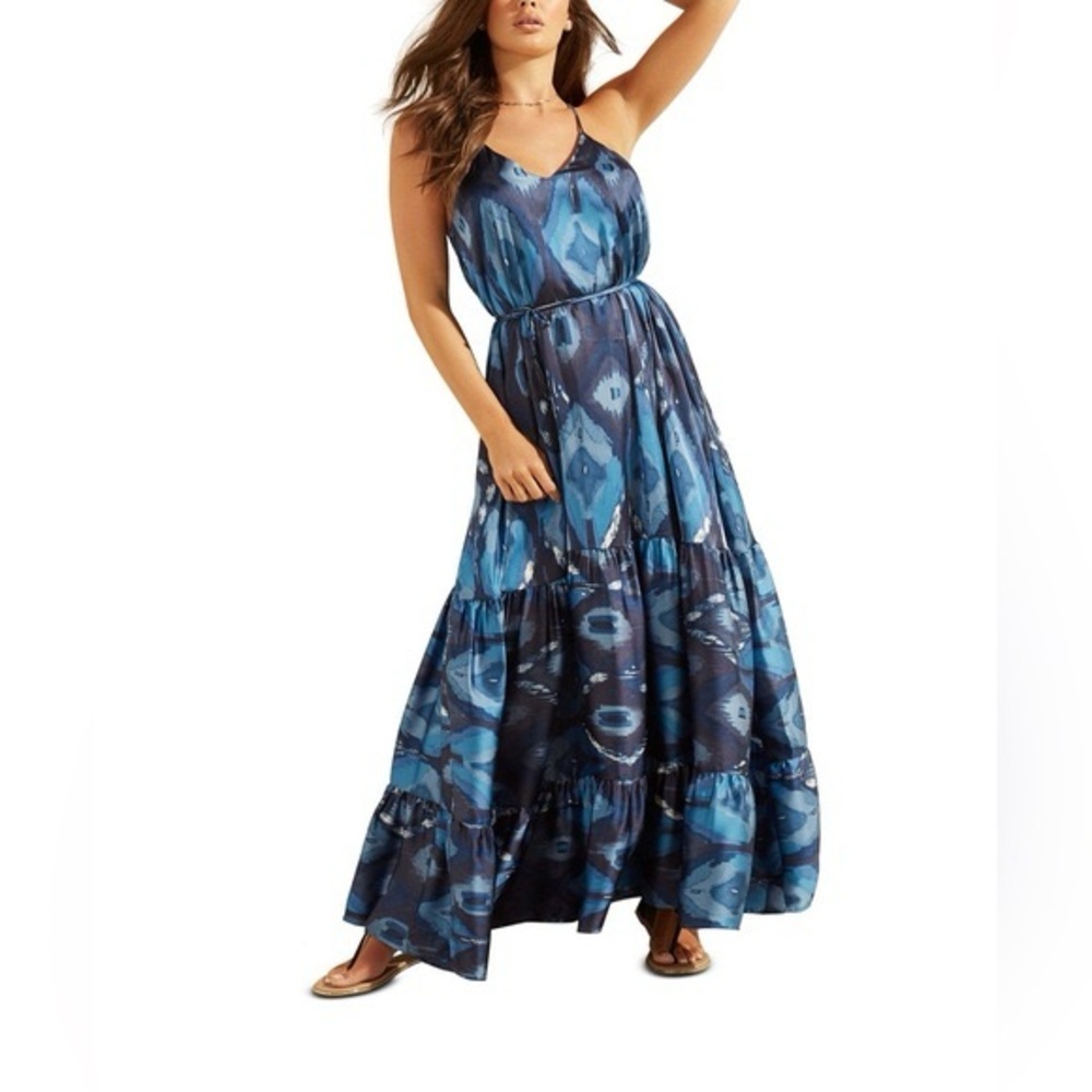 Guess Angelica Printed Maxi Dress Blue Multi Tiered Hem Adjustable Straps Size S